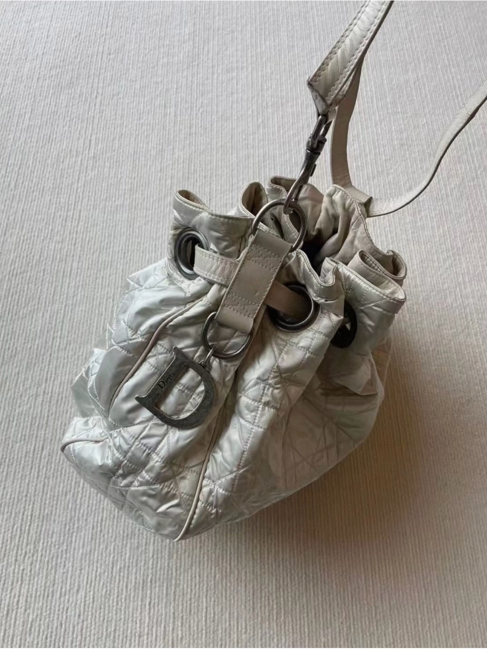 Vintage Christian Dior Cannage Drawstring Shoulder Bag – Silver White